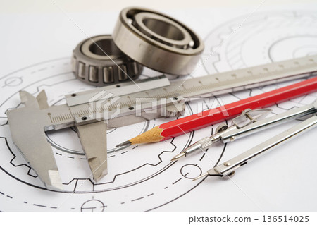 Engineering and precision tools with metal ball bering, mechanical industrial. Engineering and precision tools with metal ball bering, mechanical industrial. 136514025