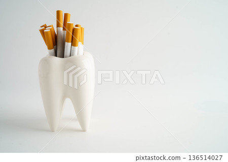 Cigarette with teeth isolated on white background, damage the health of your teeth, No smoking. Cigarette with teeth isolated on white background, damage the health of your teeth, No smoking. 136514027