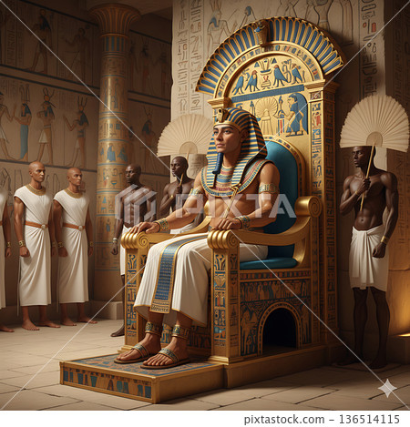 一幅描繪古埃及法老坐在王座上的插圖 136514115