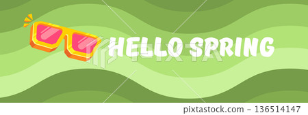 Hello Spring vector banner with text and retro yellow sunglasses isolated on green stripped wave background. Hello Spring poster design template with cartoon sunglasses, retro rainbow, good vibes Hello Spring vector banner with text and retro yellow sunglasses isolated on green stripped wave background. Hello Spring poster design template with cartoon sunglasses, retro rainbow, good vibes 136514147