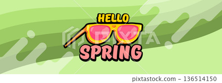 Hello Spring vector banner with text and retro yellow sunglasses isolated on green stripped wave background. Hello Spring poster design template with cartoon sunglasses, retro rainbow, good vibes Hello Spring vector banner with text and retro yellow sunglasses isolated on green stripped wave background. Hello Spring poster design template with cartoon sunglasses, retro rainbow, good vibes 136514150
