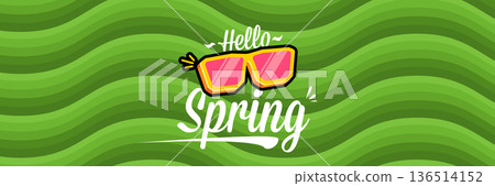 Hello Spring vector banner with text and retro yellow sunglasses isolated on green stripped wave background. Hello Spring poster design template with cartoon sunglasses, retro rainbow, good vibes Hello Spring vector banner with text and retro yellow sunglasses isolated on green stripped wave background. Hello Spring poster design template with cartoon sunglasses, retro rainbow, good vibes 136514152