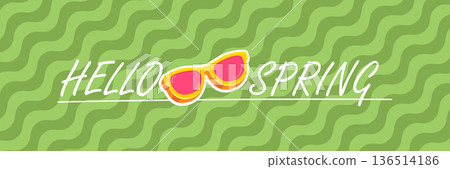 Hello Spring vector banner with text and retro yellow sunglasses isolated on green stripped wave background. Hello Spring poster design template with cartoon sunglasses, retro rainbow, good vibes Hello Spring vector banner with text and retro yellow sunglasses isolated on green stripped wave background. Hello Spring poster design template with cartoon sunglasses, retro rainbow, good vibes 136514186