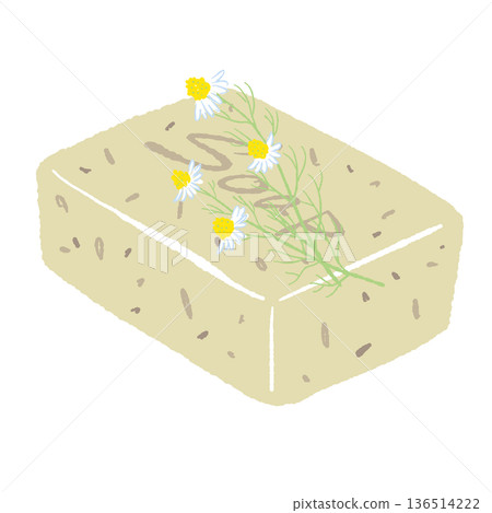 Beige herbal soap illustration with chamomile on top Natural solid soap 136514222