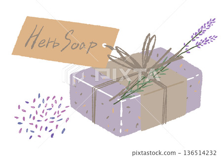 Illustration of herbal soap with tag and lavender, with gift message 136514232