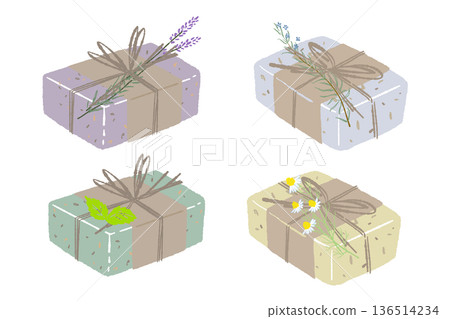 一組四塊草本香皂的禮品組插圖:洋甘菊、薰衣草、薄荷和迷迭香 一組四塊草本香皂的禮品組插圖:洋甘菊、薰衣草、薄荷和迷迭香 136514234