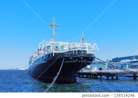 A view of the important cultural property "Nippon Yusen Hikawa Maru" floating in the sea at Yamashita Park A view of the important cultural property "Nippon Yusen Hikawa Maru" floating in the sea at Yamashita Park 136514246