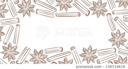 Decorative border pattern with cinnamon sticks and star anise in line art style. Illustration on white background for spice packaging, menu design, holiday card and culinary branding. Decorative border pattern with cinnamon sticks and star anise in line art style. Illustration on white background for spice packaging, menu design, holiday card and culinary branding. 136514610