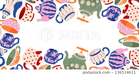Pattern with vintage teapot, cup and mug in flat style. Decorative illustration for kitchen wallpaper, textile and packaging. 136514611