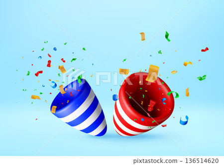 Two 3d party poppers with colorful confetti Two 3d party poppers with colorful confetti 136514620