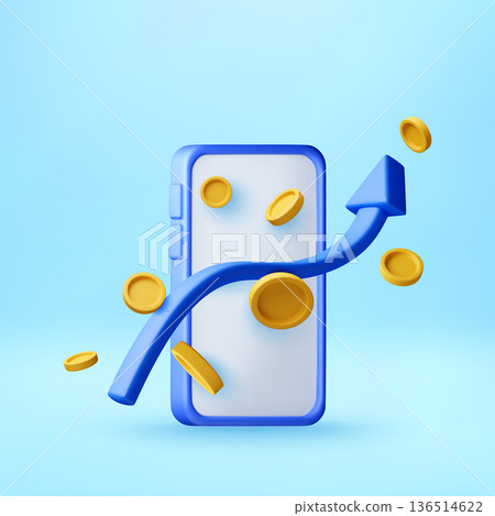 3D Mobile phone with coins and a rising arrow 3D Mobile phone with coins and a rising arrow 136514622