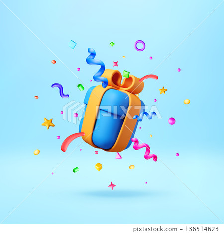 3D gift box with ribbon and flying confetti 136514623