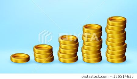 3D Golden coin stacks showing a rising trend 136514633