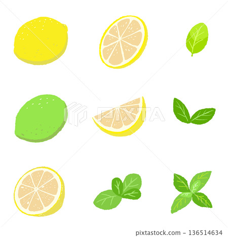 一組黃色和綠色檸檬以及薄荷的插圖，還有青檸和藍色檸檬的變體。 136514634
