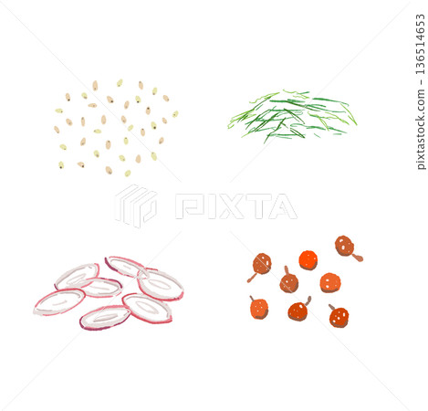 Illustration of a set of sesame seeds and chopped condiments. A Japanese-style topping used to finish dishes. 136514653