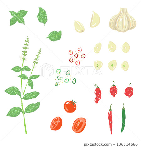 一組烹飪香草和香料的插圖:大蒜、辣椒和薄荷 一組烹飪香草和香料的插圖:大蒜、辣椒和薄荷 136514666