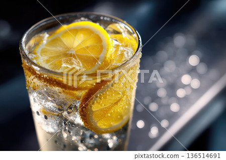cold lemonade glass with ice cubes and lemon slices 136514691