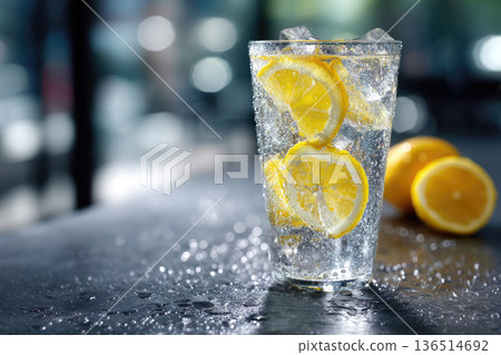 cold lemonade glass with ice cubes and lemon slices 136514692