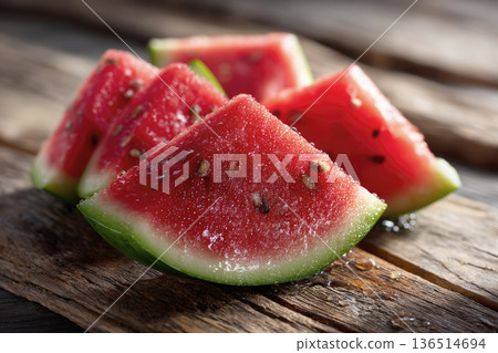 fresh watermelon slices on rustic wooden table 136514694