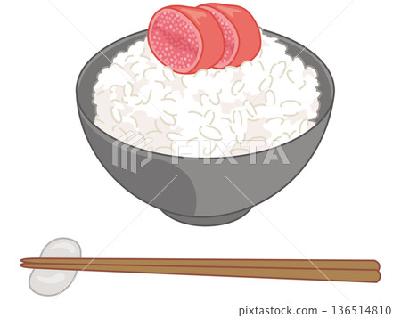 明太子和米飯的插圖（附筷子和筷架） 136514810