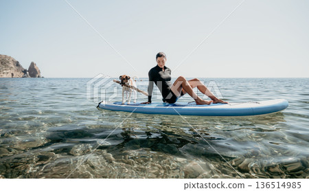 Man Dog Paddleboard Relaxing Sea Enjoyment - A man and his dog relax on a paddleboard in the ocean on a sunny day. 136514985