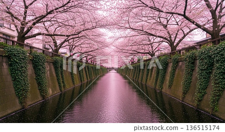 Spring riverside scenery with rows of cherry blossom trees in full bloom Spring riverside scenery with rows of cherry blossom trees in full bloom 136515174
