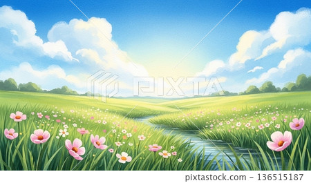 春日草甸與溪流景觀插圖 136515187