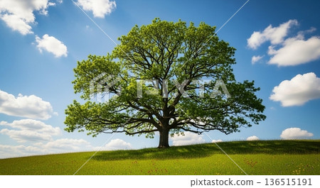 藍天下，一棵樹和一片綠色的草地 136515191