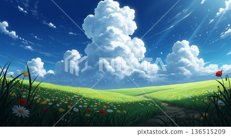 Illustration of a landscape with blue sky and blooming hills Illustration of a landscape with blue sky and blooming hills 136515209