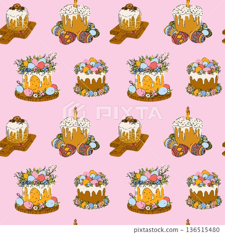 Seamless Easter Cake Pattern with Eggs and Flowers 136515480