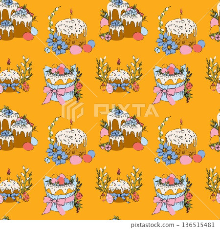 Hand Drawn Easter Cake Seamless Pattern 136515481