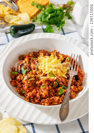 Texas hash of beef pepper onion tomato and rice 136515808