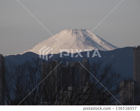 2026年2月13日，從東京大田區山王市眺望丹澤山脈，可以看到約97公里外的富士山日落景色。 136516057