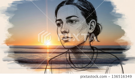 Double Exposure Peaceful Ocean Sunrise Relaxed Portrait Double Exposure Peaceful Ocean Sunrise Relaxed Portrait 136516349