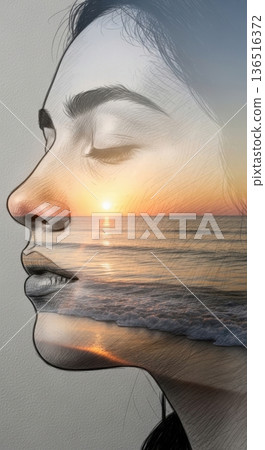 Double Exposure Peaceful Ocean Sunrise Relaxed Portrait Double Exposure Peaceful Ocean Sunrise Relaxed Portrait 136516372
