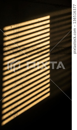 Sunlight Rays Through Blinds Casting Shadows on Dark Wall Sunlight Rays Through Blinds Casting Shadows on Dark Wall 136516377