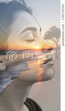 Double Exposure Peaceful Ocean Sunrise Relaxed Portrait 136516391