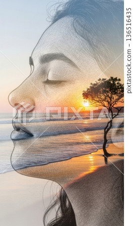 Double Exposure Peaceful Ocean Sunrise Relaxed Portrait Double Exposure Peaceful Ocean Sunrise Relaxed Portrait 136516435