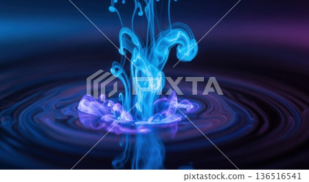 Macro Abstract Glowing Liquid Swirls in Dark Fluid 136516541