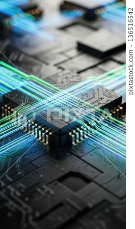 Glowing Blue and Green Data Flow on Abstract Microchip 3D Render 136516542