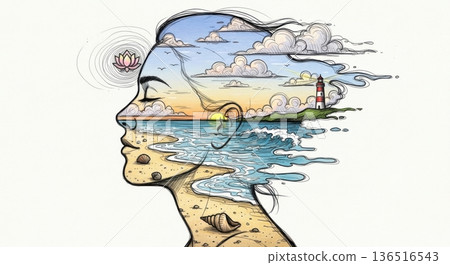 Double Exposure Peaceful Ocean Sunrise Relaxed Portrait Double Exposure Peaceful Ocean Sunrise Relaxed Portrait 136516543