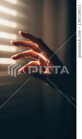 Sunlight Rays Through Blinds Casting Shadows on Dark Wall Sunlight Rays Through Blinds Casting Shadows on Dark Wall 136516611