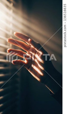 Sunlight Rays Through Blinds Casting Shadows on Dark Wall Sunlight Rays Through Blinds Casting Shadows on Dark Wall 136516635