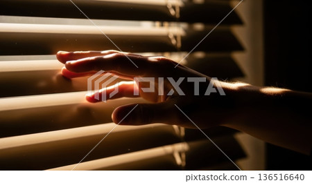 Sunlight Rays Through Blinds Casting Shadows on Dark Wall 136516640