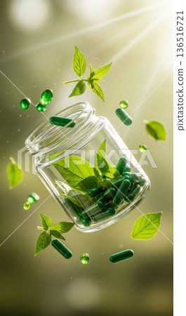 Herbal Medicine Green Capsules in Glass Jar with Fresh Leaves 136516721