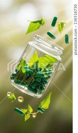 Herbal Medicine Green Capsules in Glass Jar with Fresh Leaves Herbal Medicine Green Capsules in Glass Jar with Fresh Leaves 136516730