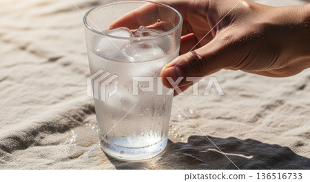 Refreshing Glass of Ice Water Held by Hand on Linen Background Refreshing Glass of Ice Water Held by Hand on Linen Background 136516733