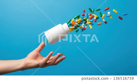 Human Hand Reaching for Exploding Pills from Medicine Bottle Human Hand Reaching for Exploding Pills from Medicine Bottle 136516739