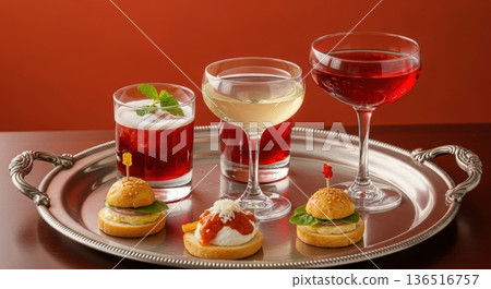 Classic Gin Martinis with Olives on Silver Tray with Palm Shadow Classic Gin Martinis with Olives on Silver Tray with Palm Shadow 136516757