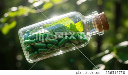 Herbal Medicine Green Capsules in Glass Jar with Fresh Leaves Herbal Medicine Green Capsules in Glass Jar with Fresh Leaves 136516758